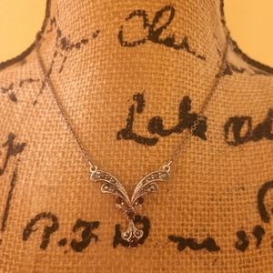 Y-shaped silver and faux pink, purple, & blue rhinestone winged costume Pendant